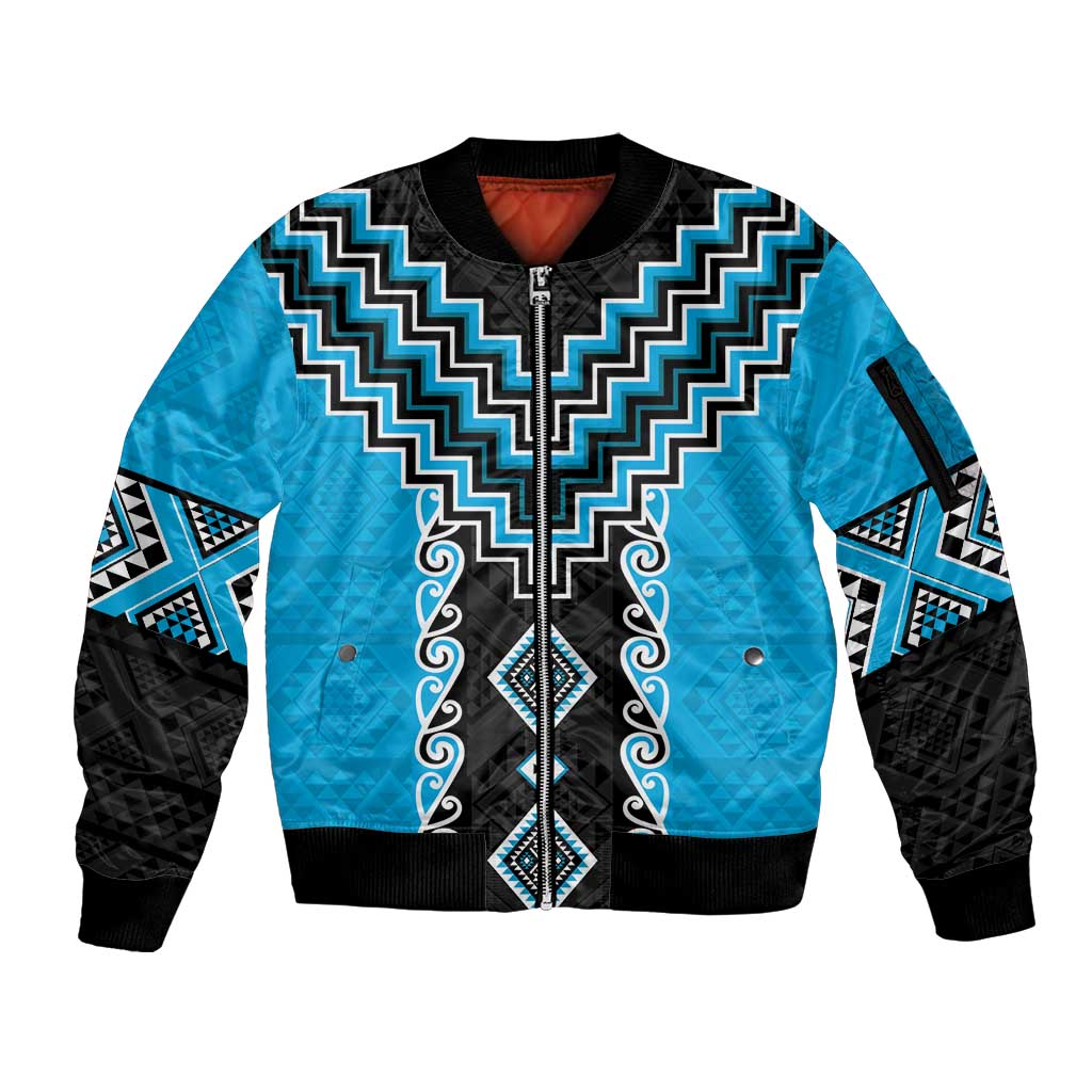 Sky Blue Niho Taniwha Mix Poutama Sleeve Zip Bomber Jacket Unique Taniko Aotearoa
