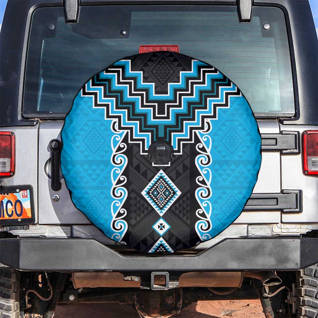 Sky Blue Niho Taniwha Mix Poutama Spare Tire Cover Unique Taniko Aotearoa