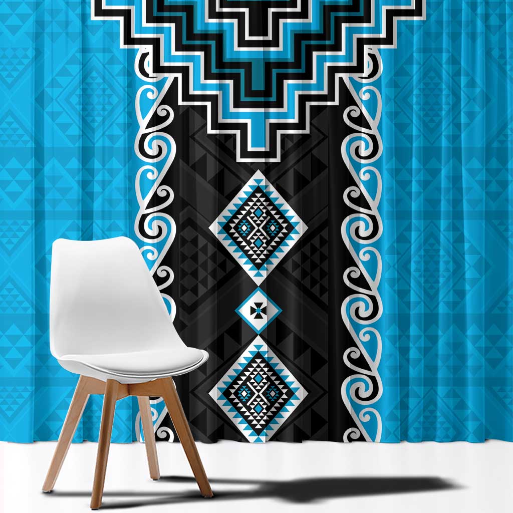 Sky Blue Niho Taniwha Mix Poutama Window Curtain Unique Taniko Aotearoa