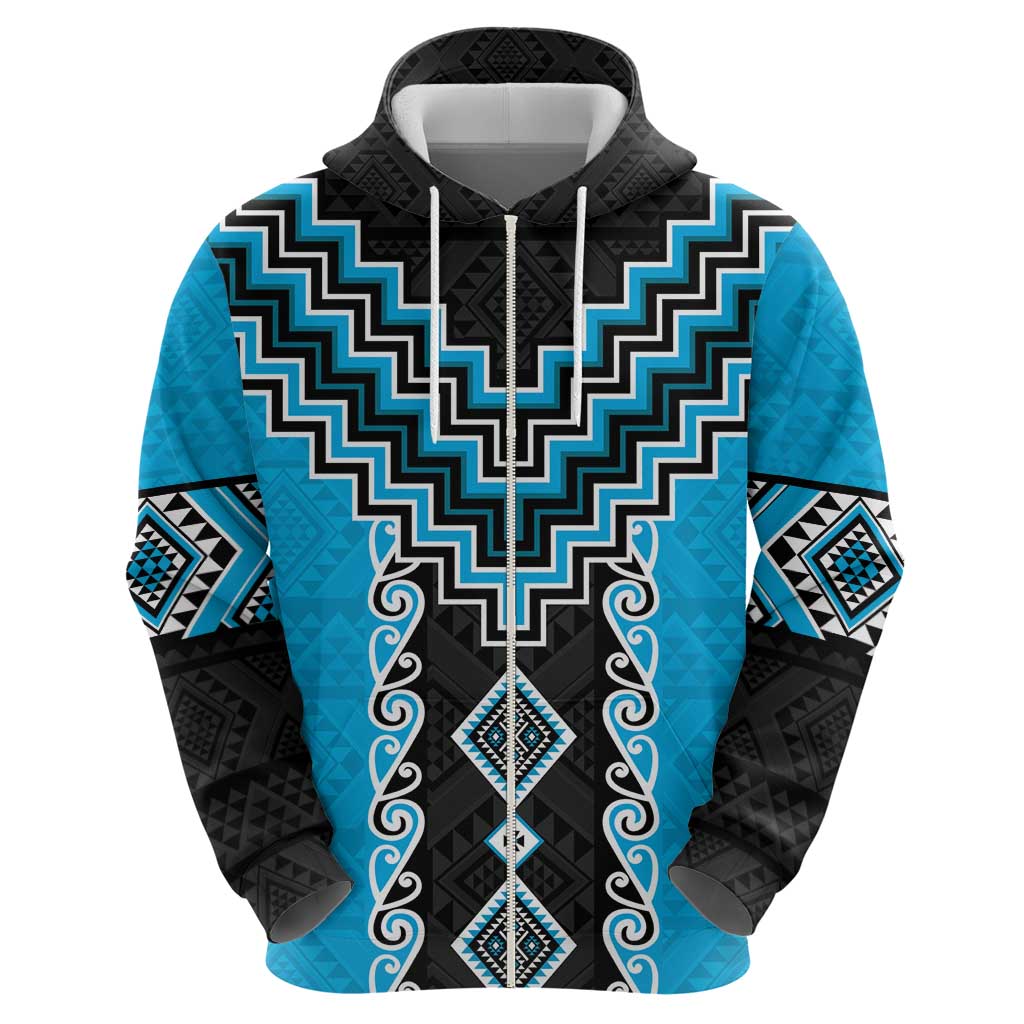 Sky Blue Niho Taniwha Mix Poutama Zip Hoodie Unique Taniko Aotearoa