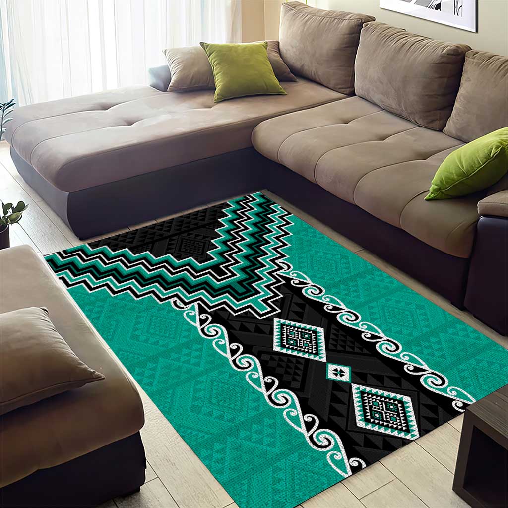 Teal Niho Taniwha Mix Poutama Area Rug Unique Taniko Aotearoa