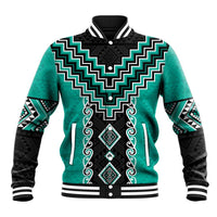 Teal Niho Taniwha Mix Poutama Baseball Jacket Unique Taniko Aotearoa