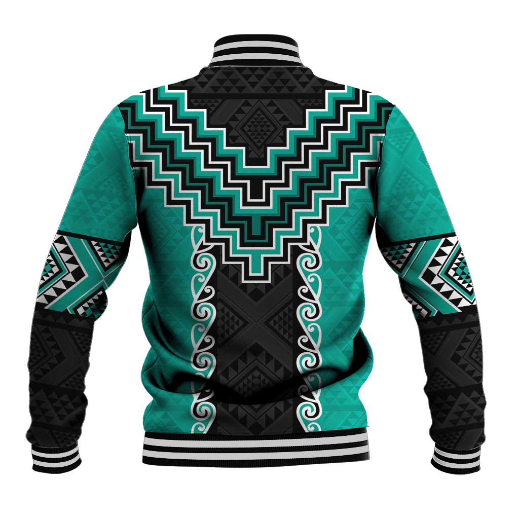 Teal Niho Taniwha Mix Poutama Baseball Jacket Unique Taniko Aotearoa