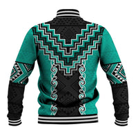 Teal Niho Taniwha Mix Poutama Baseball Jacket Unique Taniko Aotearoa