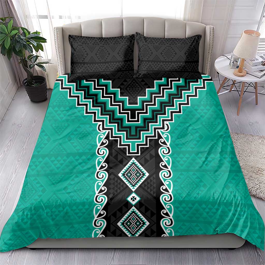 Teal Niho Taniwha Mix Poutama Bedding Set Unique Taniko Aotearoa