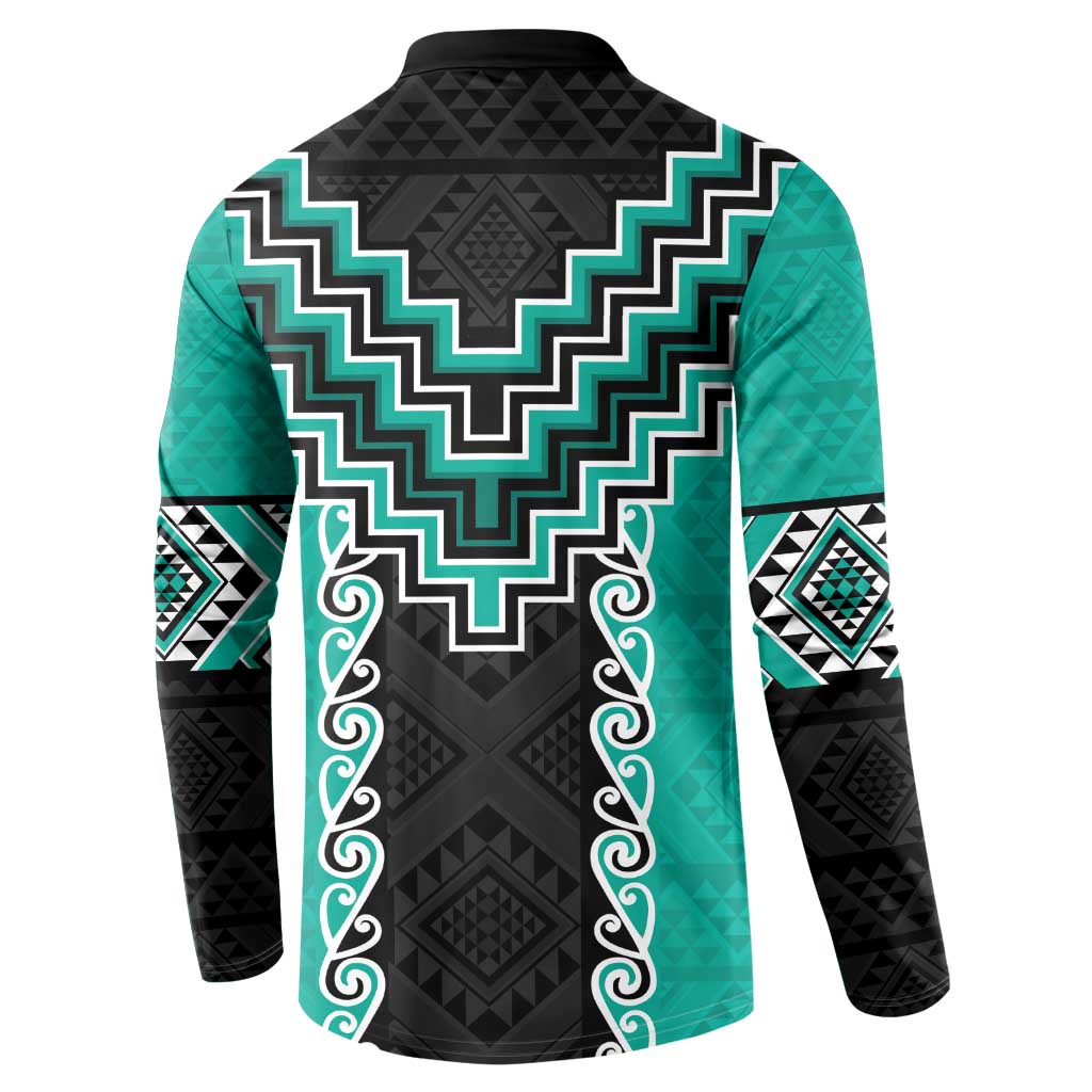 Teal Niho Taniwha Mix Poutama Button Sweatshirt Unique Taniko Aotearoa