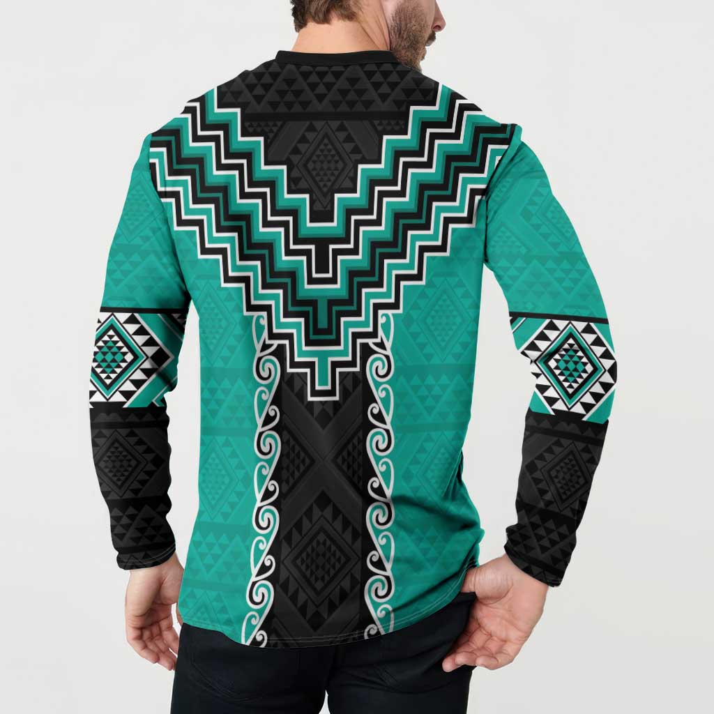 Teal Niho Taniwha Mix Poutama Button Sweatshirt Unique Taniko Aotearoa