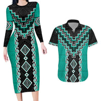 Teal Niho Taniwha Mix Poutama Couples Matching Long Sleeve Bodycon Dress and Hawaiian Shirt Unique Taniko Aotearoa LT01 Teal - Polynesian Pride