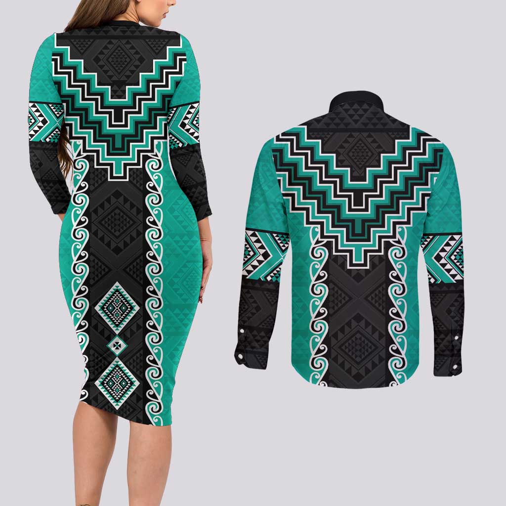 Teal Niho Taniwha Mix Poutama Couples Matching Long Sleeve Bodycon Dress and Long Sleeve Button Shirt Unique Taniko Aotearoa LT01 - Polynesian Pride