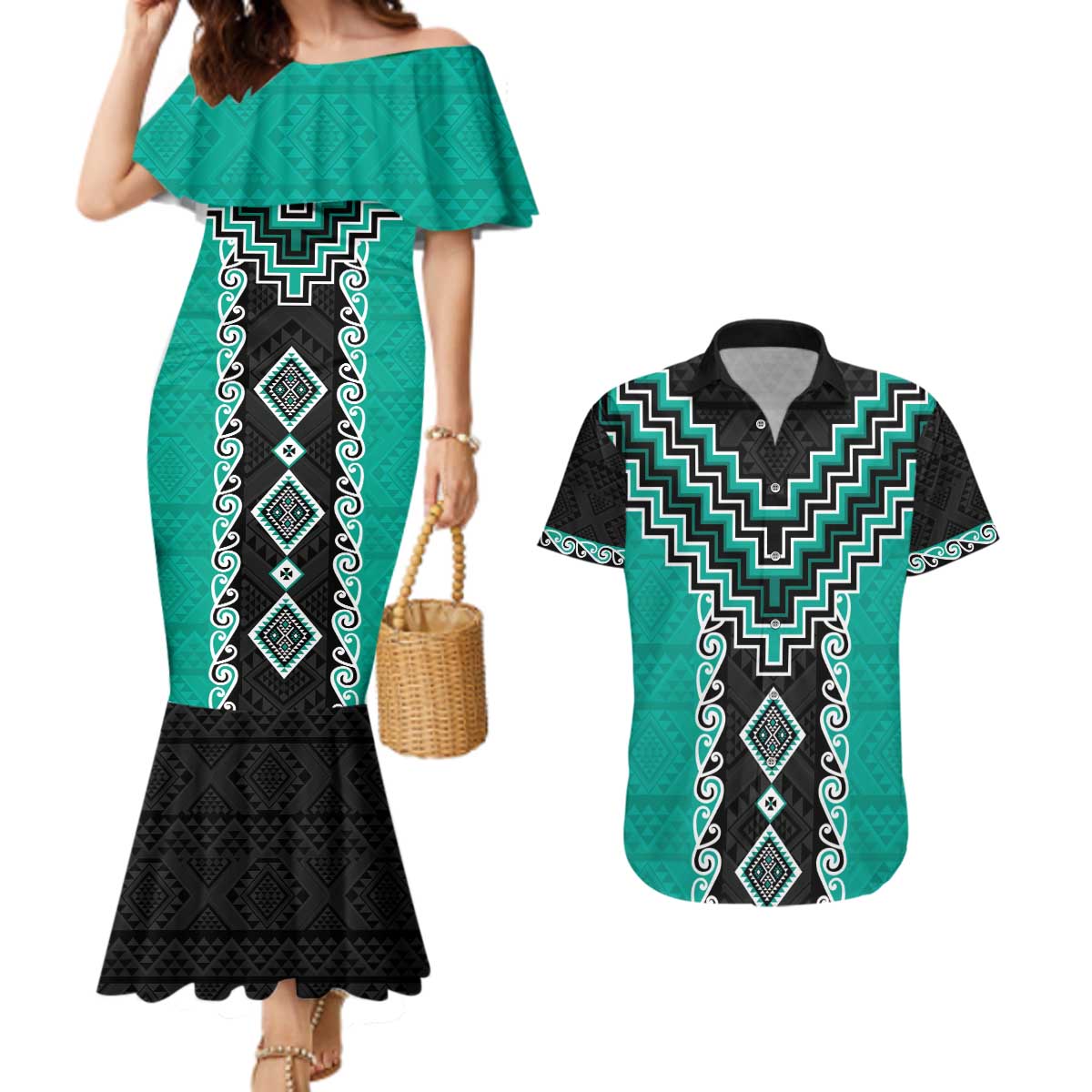 Teal Niho Taniwha Mix Poutama Couples Matching Mermaid Dress and Hawaiian Shirt Unique Taniko Aotearoa LT01 Teal - Polynesian Pride