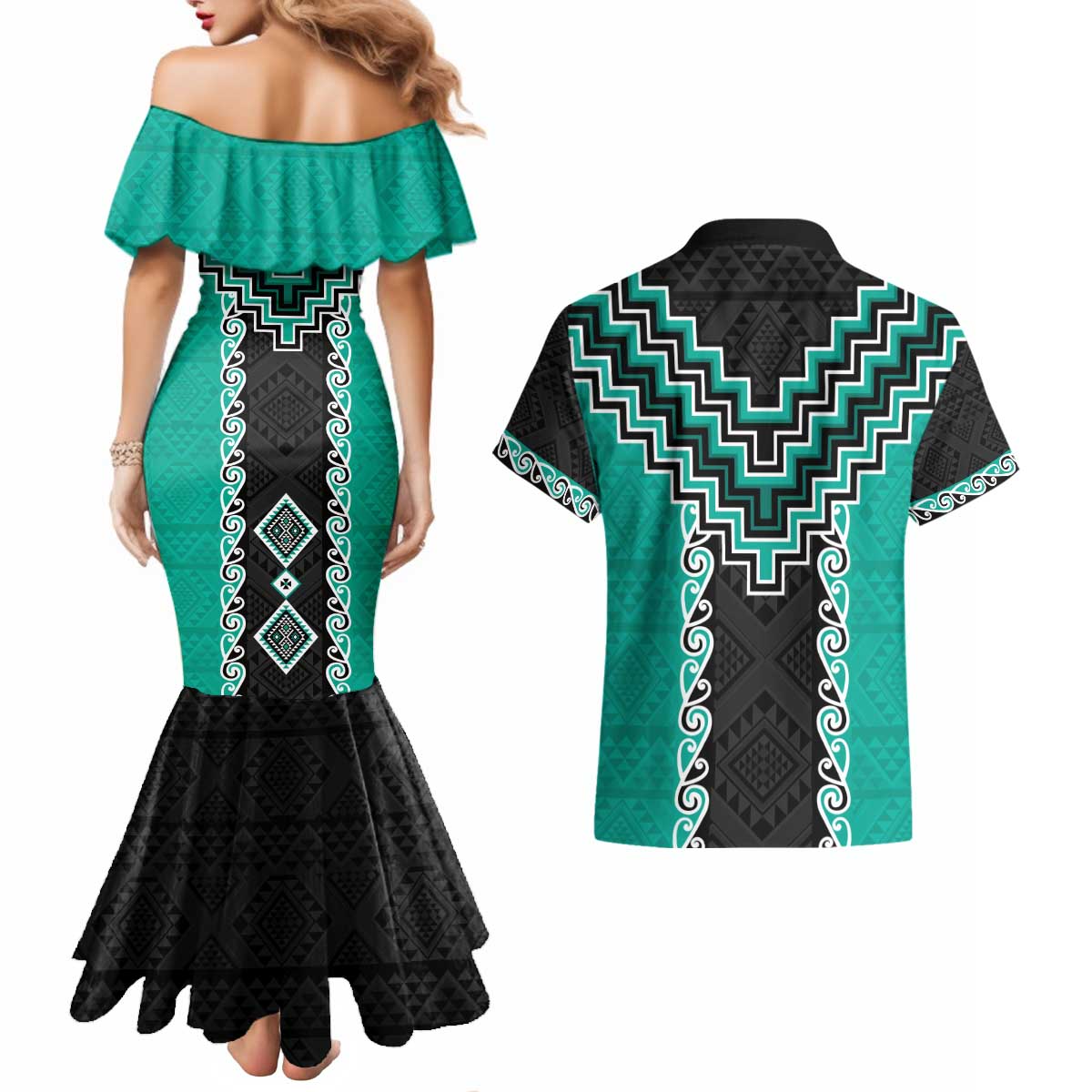 Teal Niho Taniwha Mix Poutama Couples Matching Mermaid Dress and Hawaiian Shirt Unique Taniko Aotearoa LT01 - Polynesian Pride