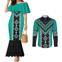 Teal Niho Taniwha Mix Poutama Couples Matching Mermaid Dress and Long Sleeve Button Shirt Unique Taniko Aotearoa LT01 Teal - Polynesian Pride