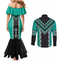 Teal Niho Taniwha Mix Poutama Couples Matching Mermaid Dress and Long Sleeve Button Shirt Unique Taniko Aotearoa LT01 - Polynesian Pride