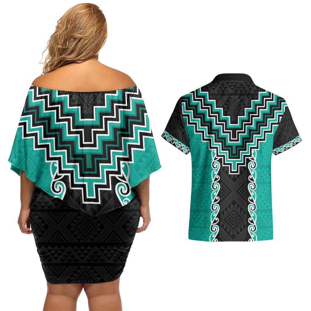 Teal Niho Taniwha Mix Poutama Couples Matching Off Shoulder Short Dress and Hawaiian Shirt Unique Taniko Aotearoa LT01 - Polynesian Pride
