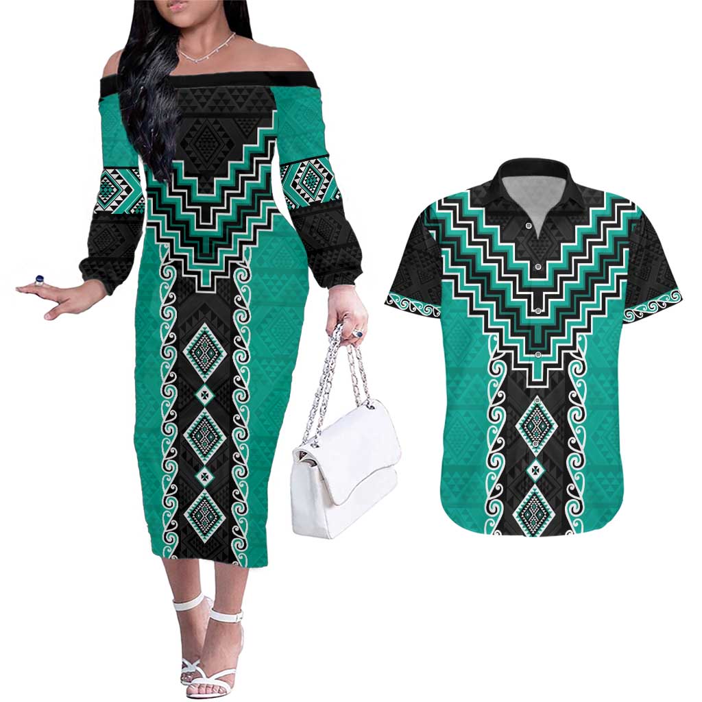 Teal Niho Taniwha Mix Poutama Couples Matching Off The Shoulder Long Sleeve Dress and Hawaiian Shirt Unique Taniko Aotearoa
