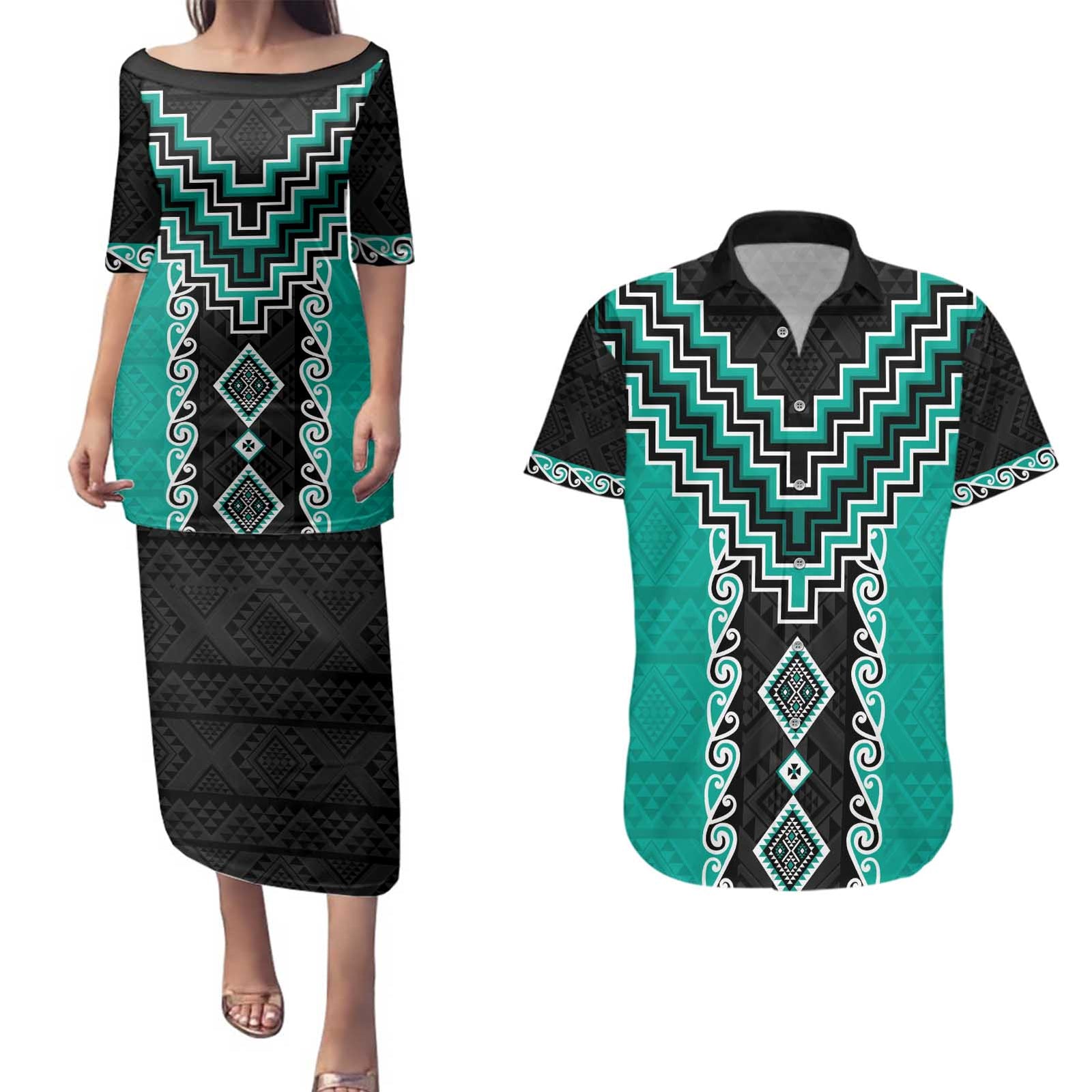 Teal Niho Taniwha Mix Poutama Couples Matching Puletasi and Hawaiian Shirt Unique Taniko Aotearoa LT01 Teal - Polynesian Pride