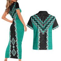 Teal Niho Taniwha Mix Poutama Couples Matching Short Sleeve Bodycon Dress and Hawaiian Shirt Unique Taniko Aotearoa LT01 - Polynesian Pride