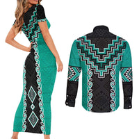 Teal Niho Taniwha Mix Poutama Couples Matching Short Sleeve Bodycon Dress and Long Sleeve Button Shirt Unique Taniko Aotearoa LT01 - Polynesian Pride
