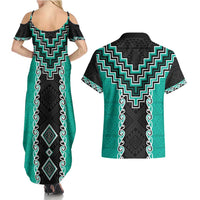 Teal Niho Taniwha Mix Poutama Couples Matching Summer Maxi Dress and Hawaiian Shirt Unique Taniko Aotearoa LT01 - Polynesian Pride