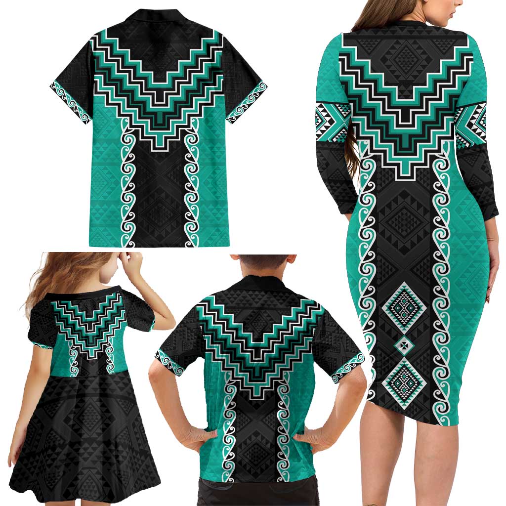 Teal Niho Taniwha Mix Poutama Family Matching Long Sleeve Bodycon Dress and Hawaiian Shirt Unique Taniko Aotearoa LT01 - Polynesian Pride