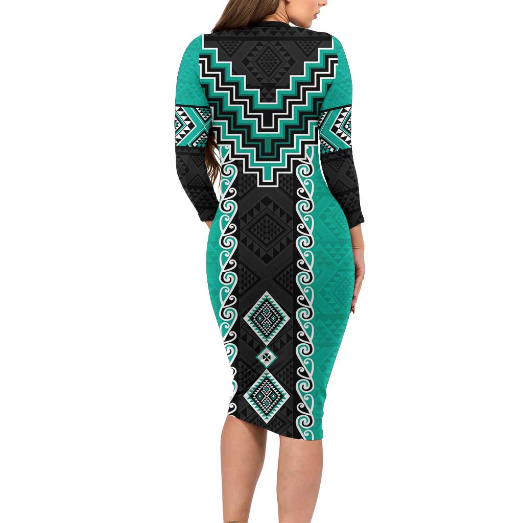 Teal Niho Taniwha Mix Poutama Family Matching Long Sleeve Bodycon Dress and Hawaiian Shirt Unique Taniko Aotearoa LT01 - Polynesian Pride