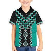 Teal Niho Taniwha Mix Poutama Family Matching Long Sleeve Bodycon Dress and Hawaiian Shirt Unique Taniko Aotearoa LT01 Son's Shirt Teal - Polynesian Pride