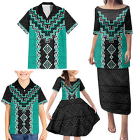 Teal Niho Taniwha Mix Poutama Family Matching Puletasi and Hawaiian Shirt Unique Taniko Aotearoa LT01 - Polynesian Pride