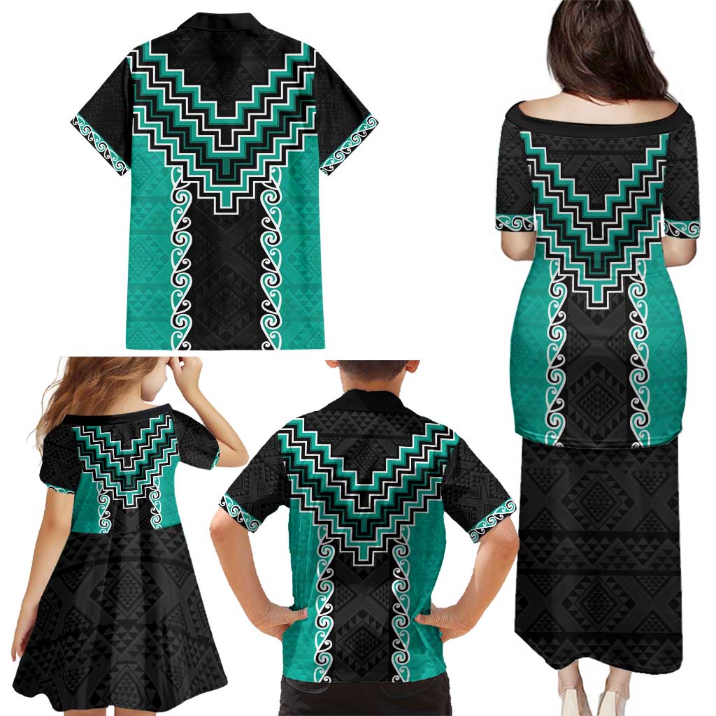 Teal Niho Taniwha Mix Poutama Family Matching Puletasi and Hawaiian Shirt Unique Taniko Aotearoa LT01 - Polynesian Pride