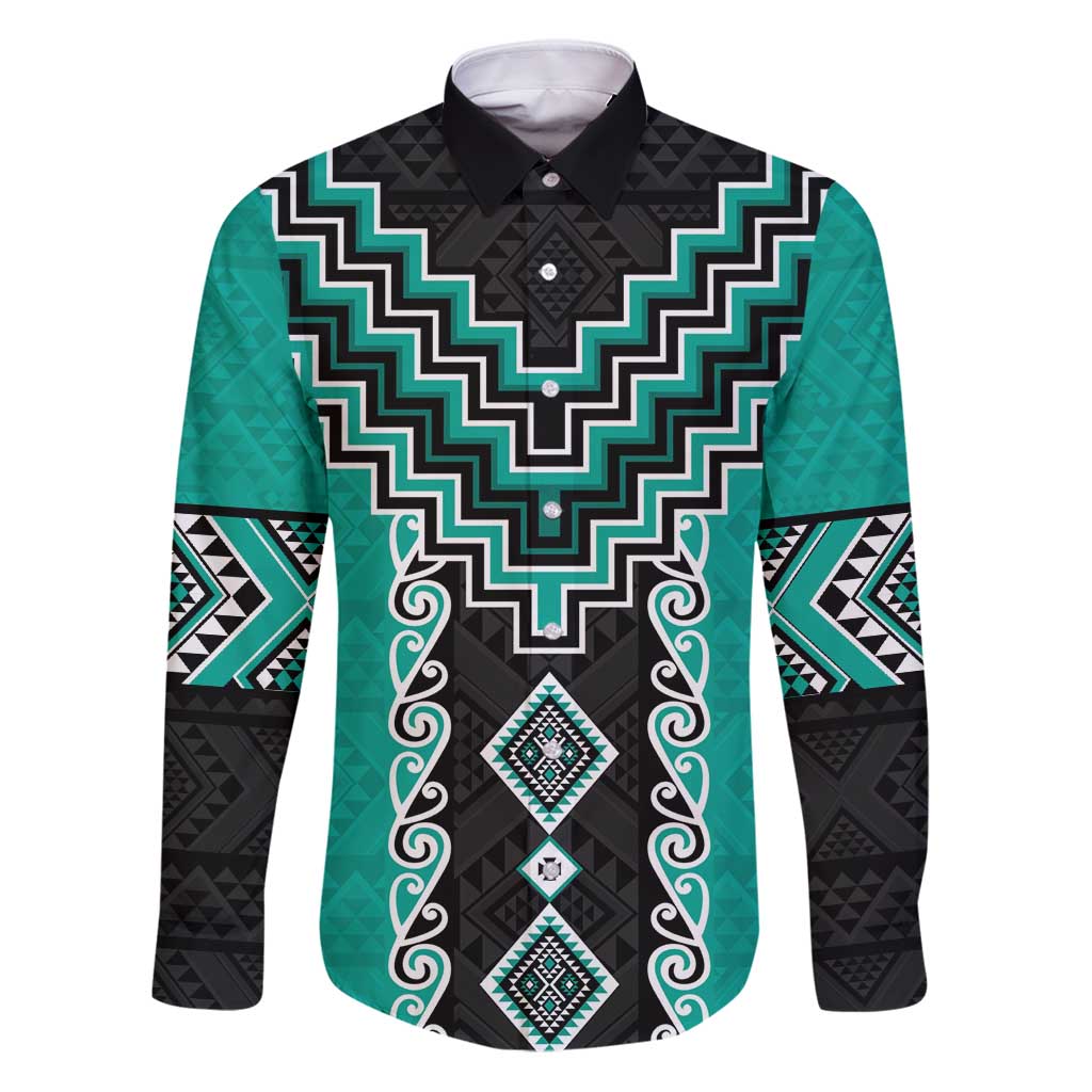 Teal Niho Taniwha Mix Poutama Family Matching Puletasi and Hawaiian Shirt Unique Taniko Aotearoa LT01 Dad's Shirt - Long Sleeve Teal - Polynesian Pride