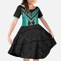 Teal Niho Taniwha Mix Poutama Family Matching Summer Maxi Dress and Hawaiian Shirt Unique Taniko Aotearoa LT01 Daughter's Dress Teal - Polynesian Pride