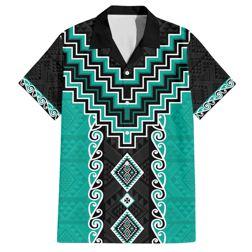 Teal Niho Taniwha Mix Poutama Family Matching Summer Maxi Dress and Hawaiian Shirt Unique Taniko Aotearoa LT01 Dad's Shirt - Short Sleeve Teal - Polynesian Pride