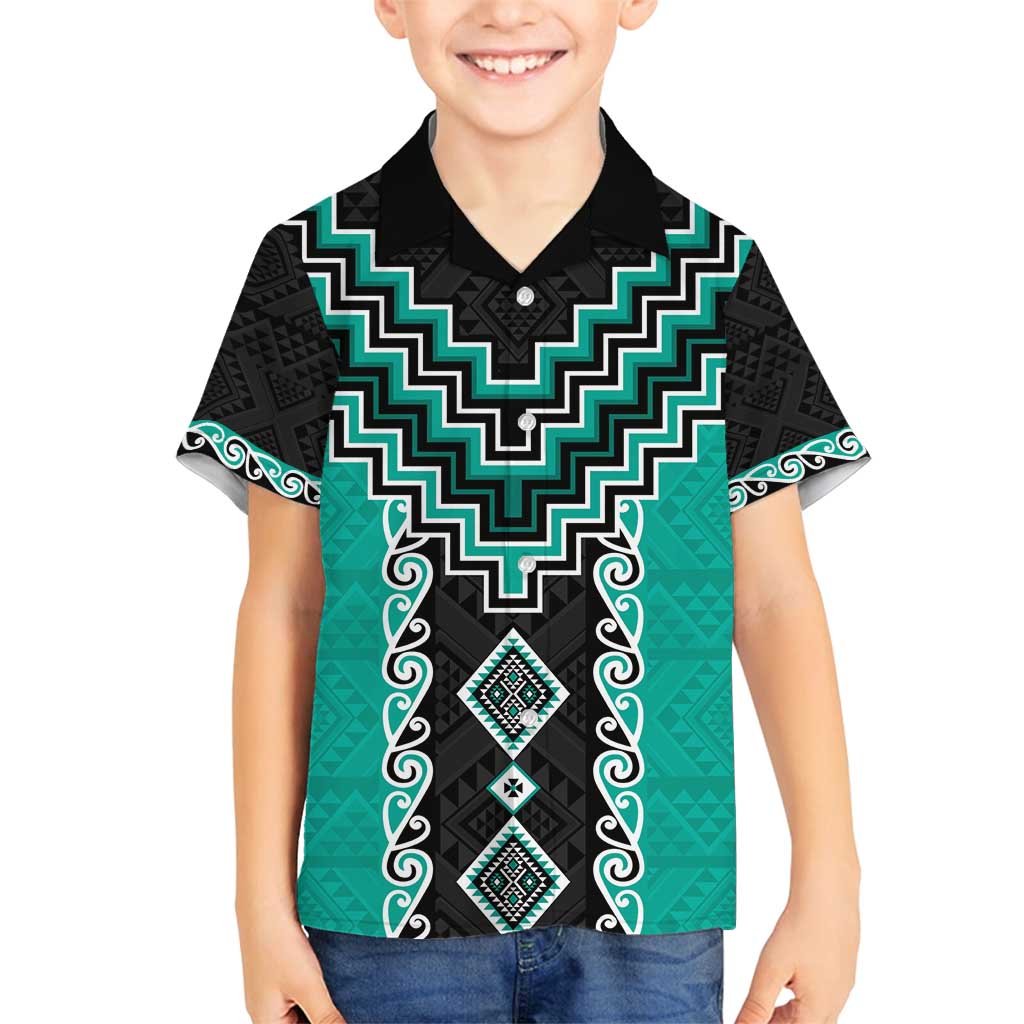 Teal Niho Taniwha Mix Poutama Family Matching Summer Maxi Dress and Hawaiian Shirt Unique Taniko Aotearoa LT01 Son's Shirt Teal - Polynesian Pride
