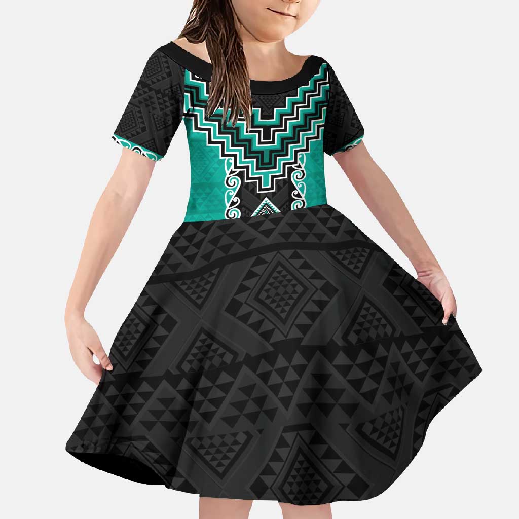 Teal Niho Taniwha Mix Poutama Family Matching Tank Maxi Dress and Hawaiian Shirt Unique Taniko Aotearoa
