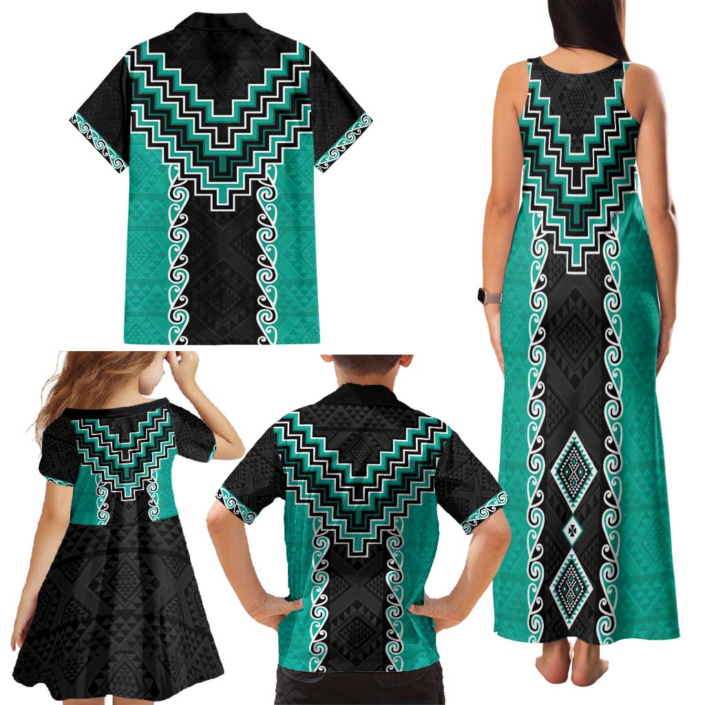 Teal Niho Taniwha Mix Poutama Family Matching Tank Maxi Dress and Hawaiian Shirt Unique Taniko Aotearoa