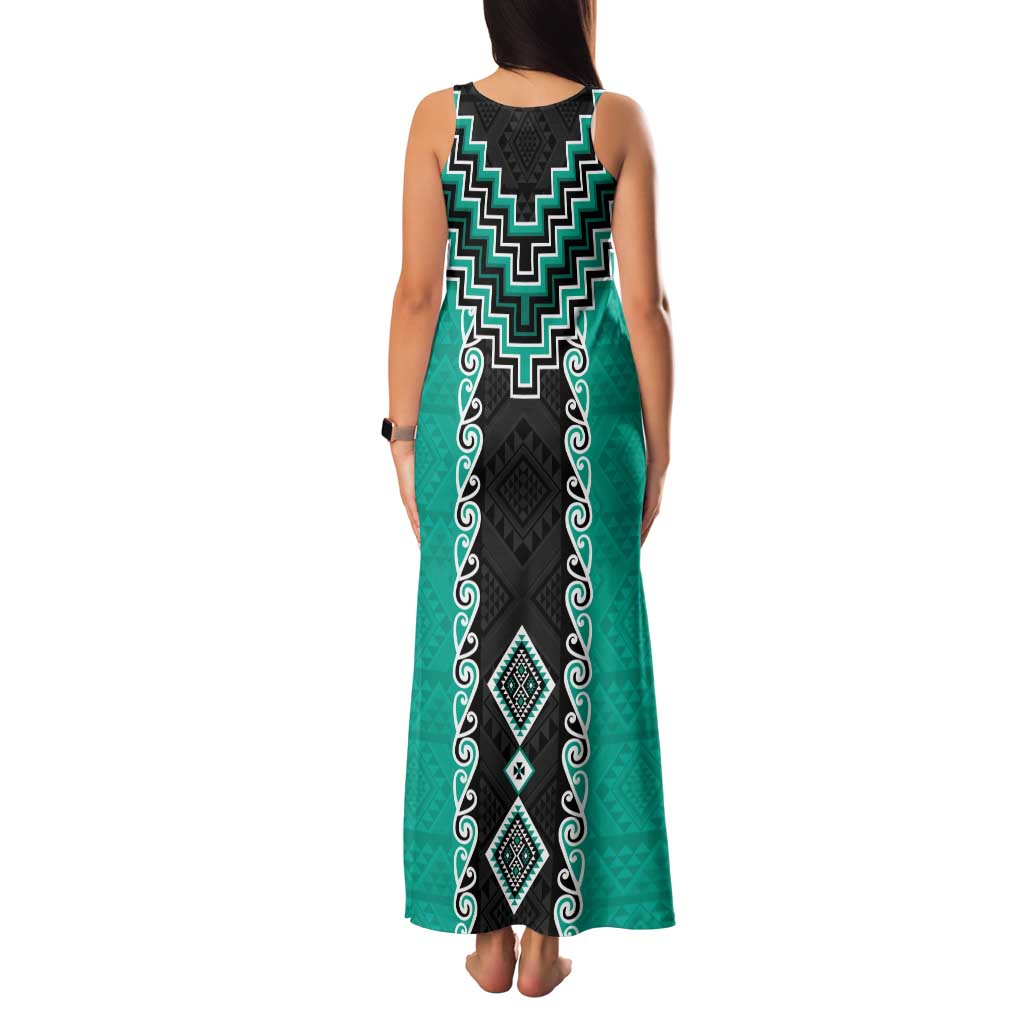 Teal Niho Taniwha Mix Poutama Family Matching Tank Maxi Dress and Hawaiian Shirt Unique Taniko Aotearoa