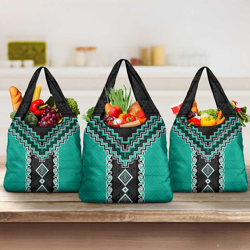 Teal Niho Taniwha Mix Poutama Grocery Bag Unique Taniko Aotearoa LT01 3-pack One Size Teal - Polynesian Pride