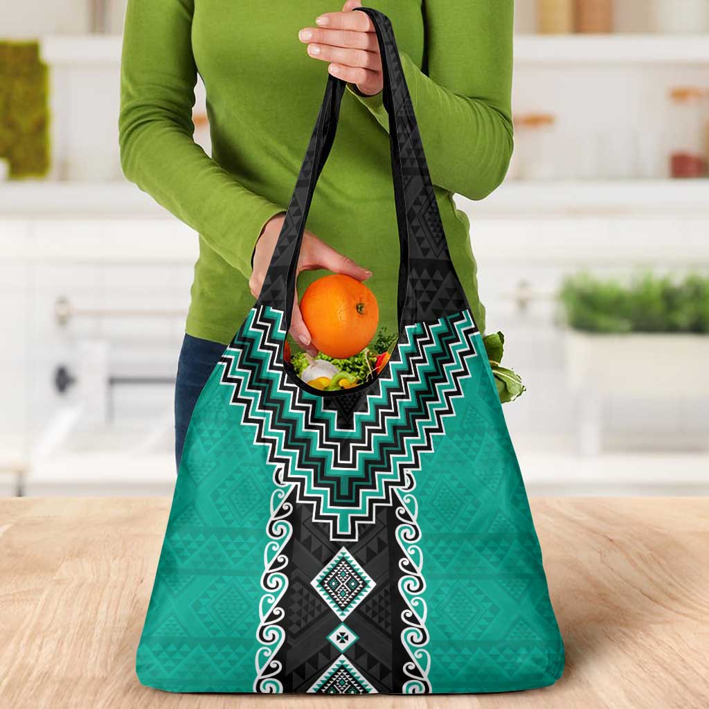 Teal Niho Taniwha Mix Poutama Grocery Bag Unique Taniko Aotearoa LT01 - Polynesian Pride
