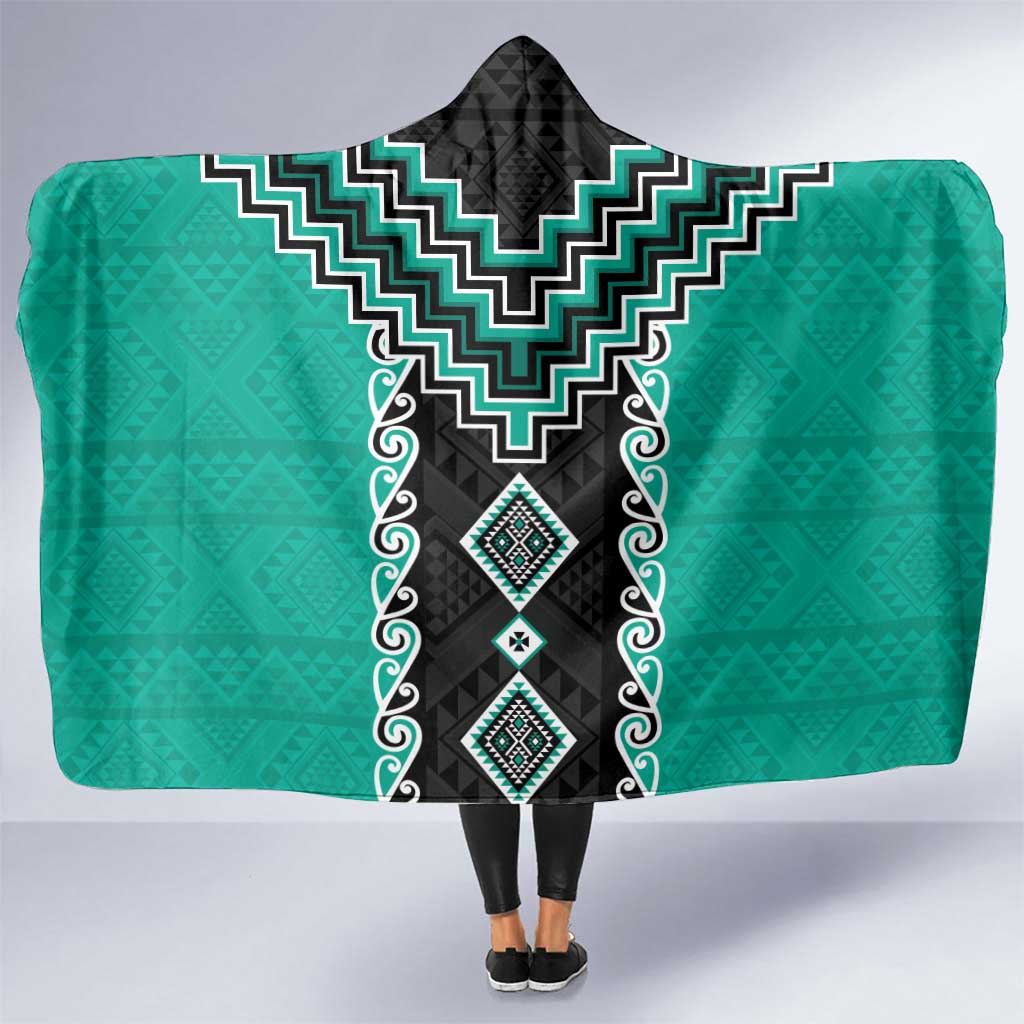 Teal Niho Taniwha Mix Poutama Hooded Blanket Unique Taniko Aotearoa
