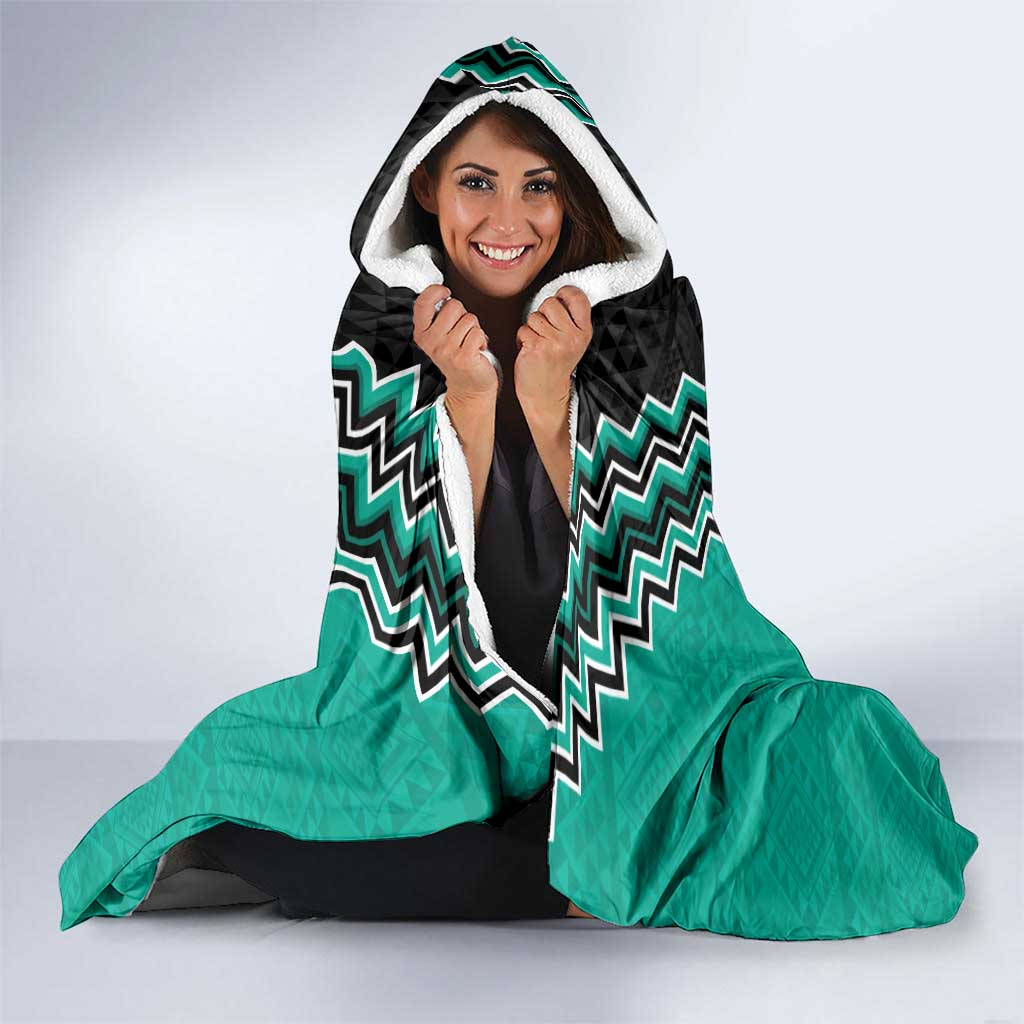 Teal Niho Taniwha Mix Poutama Hooded Blanket Unique Taniko Aotearoa