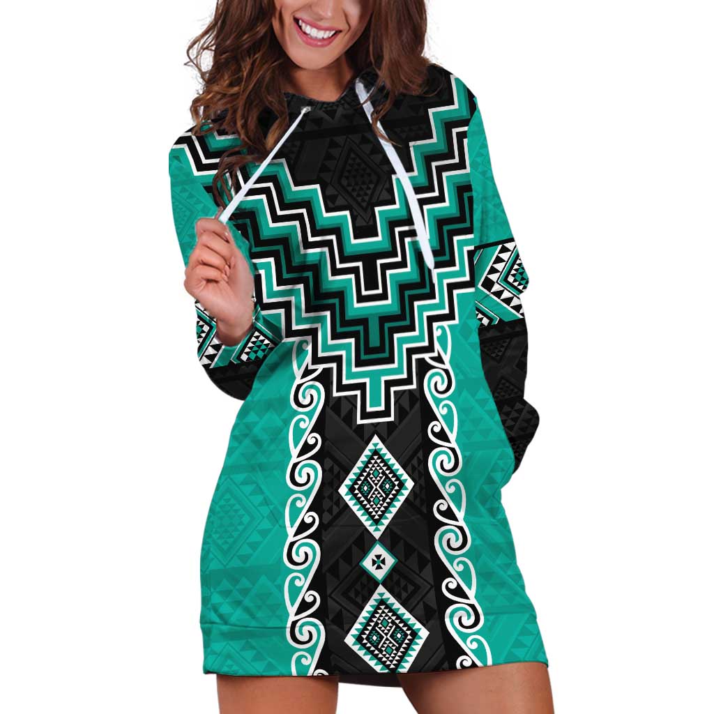 Teal Niho Taniwha Mix Poutama Hoodie Dress Unique Taniko Aotearoa
