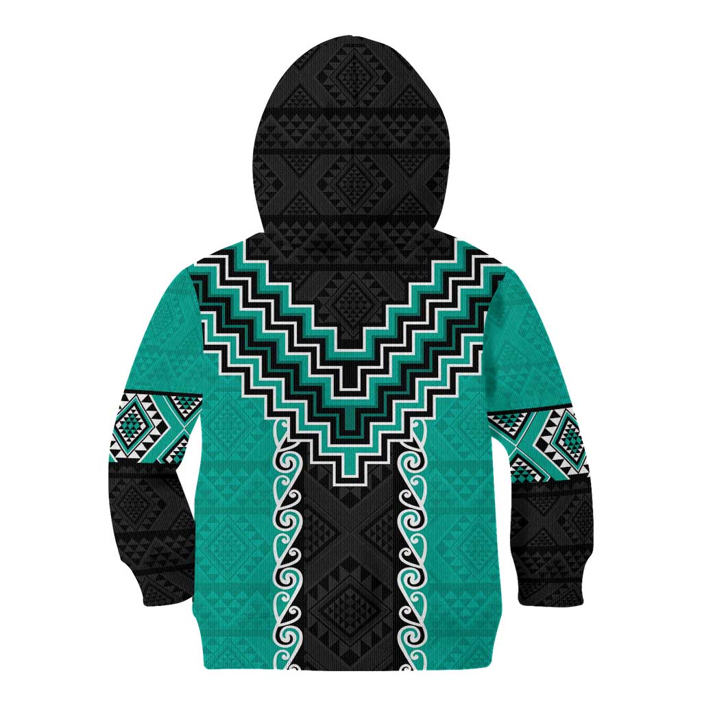 Teal Niho Taniwha Mix Poutama Kid Hoodie Unique Taniko Aotearoa