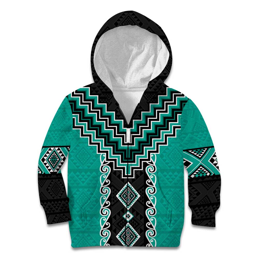 Teal Niho Taniwha Mix Poutama Kid Hoodie Unique Taniko Aotearoa