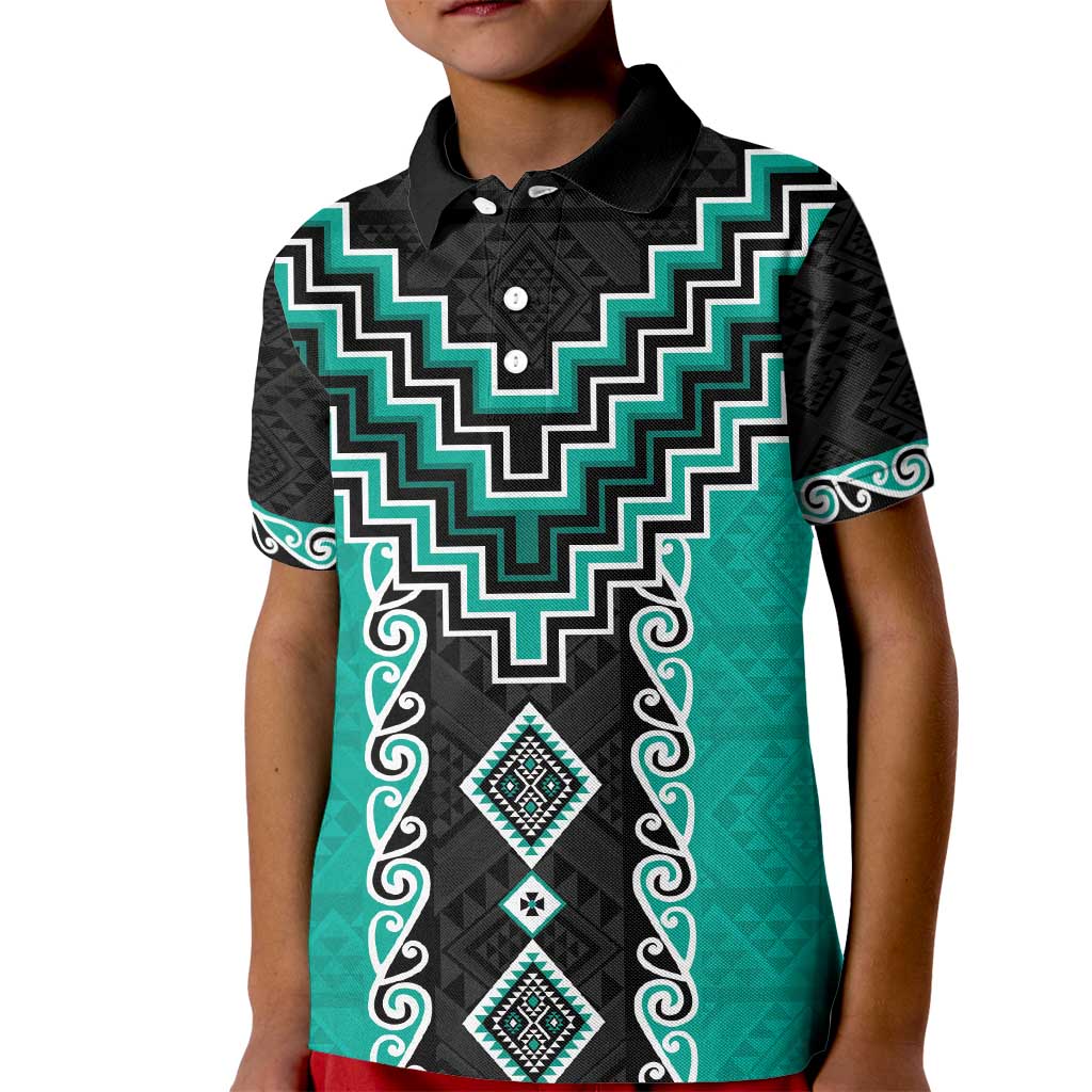 Teal Niho Taniwha Mix Poutama Kid Polo Shirt Unique Taniko Aotearoa LT01 Kid Teal - Polynesian Pride