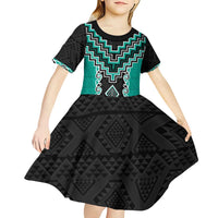 Teal Niho Taniwha Mix Poutama Kid Short Sleeve Dress Unique Taniko Aotearoa