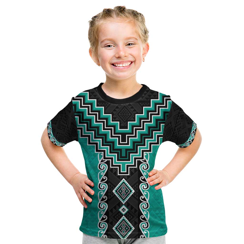 Teal Niho Taniwha Mix Poutama Kid T Shirt Unique Taniko Aotearoa LT01 Teal - Polynesian Pride