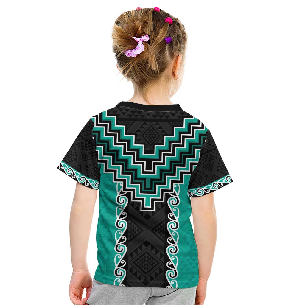 Teal Niho Taniwha Mix Poutama Kid T Shirt Unique Taniko Aotearoa LT01 - Polynesian Pride