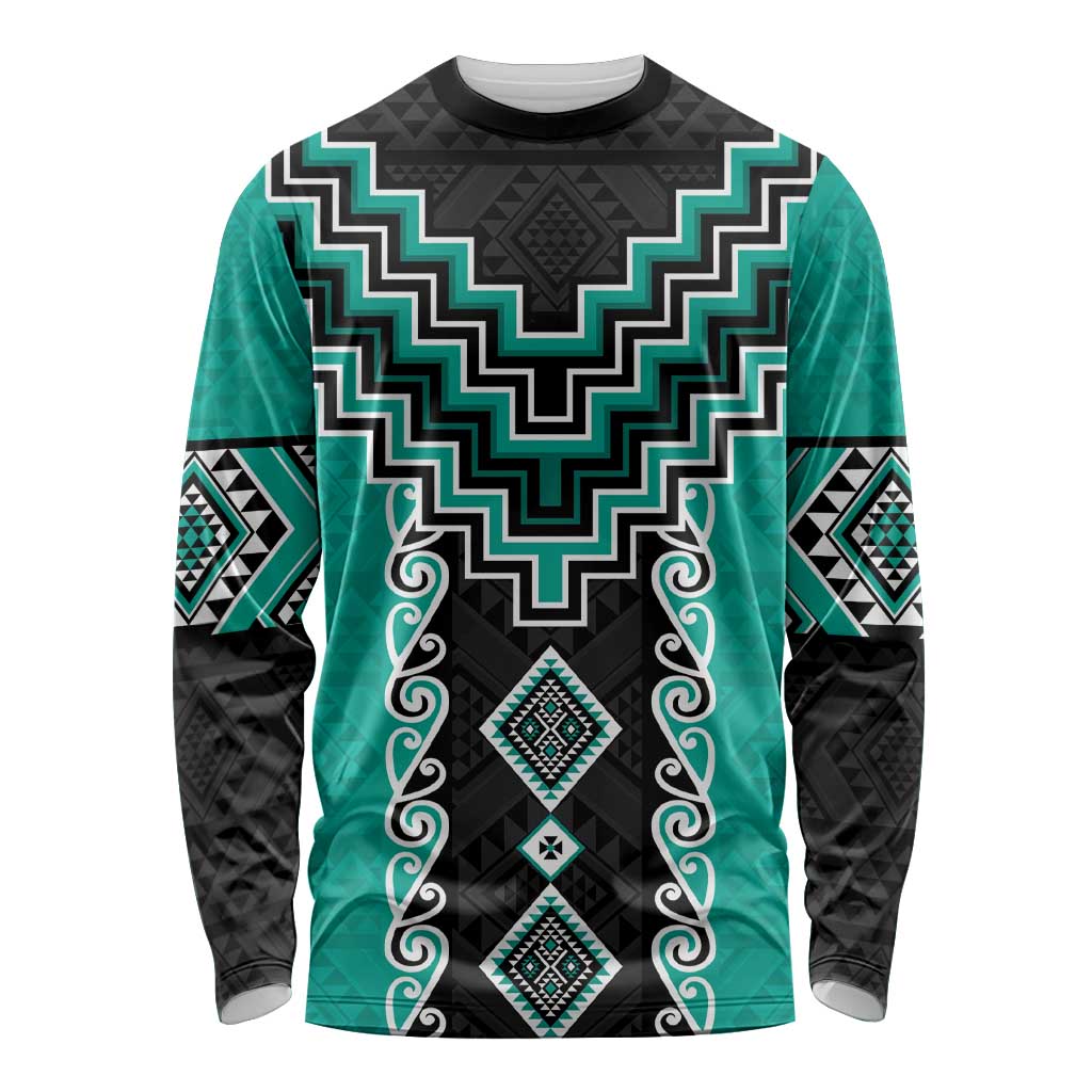 Teal Niho Taniwha Mix Poutama Long Sleeve Shirt Unique Taniko Aotearoa LT01 Unisex Teal - Polynesian Pride