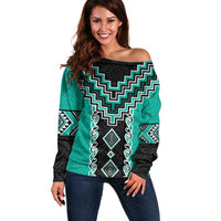 Teal Niho Taniwha Mix Poutama Off Shoulder Sweater Unique Taniko Aotearoa