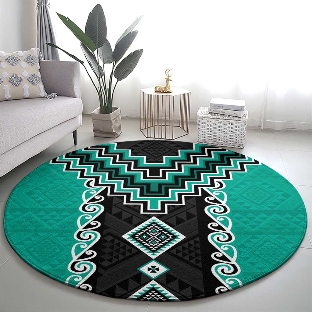 Teal Niho Taniwha Mix Poutama Round Carpet Unique Taniko Aotearoa
