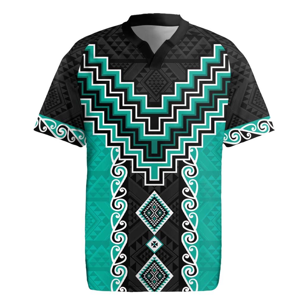 Teal Niho Taniwha Mix Poutama Rugby Jersey Unique Taniko Aotearoa
